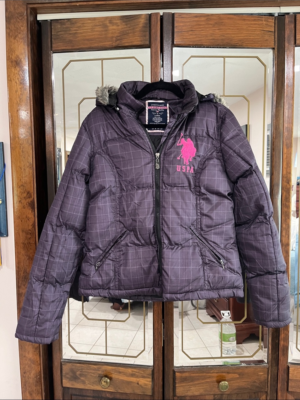 Vintage U.S. Polo Assn. Girls' Dark Purple Quilted Puffer Jacket with Pink Logo